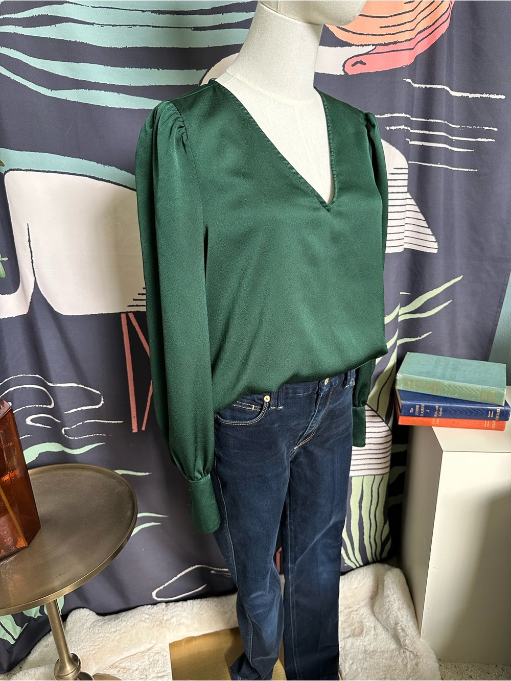 Alex Marie Deep Green Satin V-Neck Blouse
